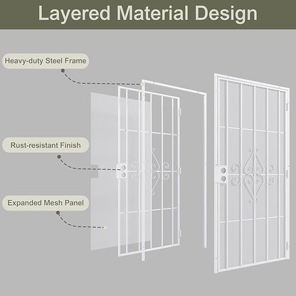 JUBEST 36 in. x 80 in. Security Screen Door, Reversible Powder Coated White Surface Mount Outswing Steel Security Door with Expanded Metal Screen, Prehung Steel Exterior Doors, Durable&Safe
