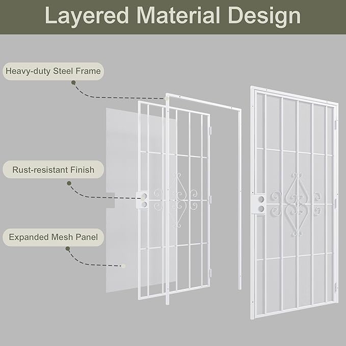 JUBEST 32 in. x 80 in. Security Screen Door, Reversible Powder Coated White Surface Mount Outswing Steel Security Door with Expanded Metal Screen, Prehung Steel Exterior Doors, Durable&Safe