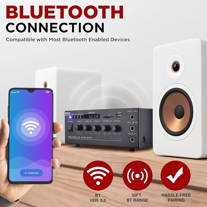 Pyle Compact Mini Home Power Amplifier - 40W Smart Small Audio Stereo Receiver w/ AUX 2 Microphone IN COM/8-Ohm/25V/70V Speakers LED Input Selector For PA Amplified Speaker Sound System - PCM20A