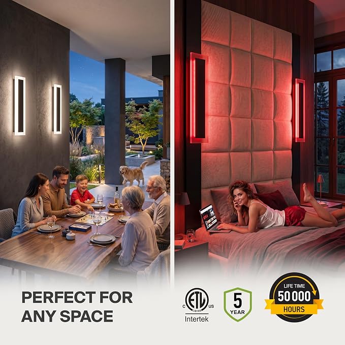 ASD LED 24" Long Wall Mount Light Fixture, Outdoor & Indoor Linear Sconce | RGBW, Smart, Waterproof, Anti-Rust, ETL Listed | 18W 1000LM 2700-6500K 100-277V | Exterior Porch Lighting | Black