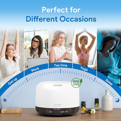 ASAKUKI Essential Oil Diffuser for Home, 500ML Aromatherapy Diffuser Humidifier with Remote Control, 7 Color LED Lights, Quiet Cool Mist Diffuser for Bedroom, Office, Gift for Mom (Dark Brown)