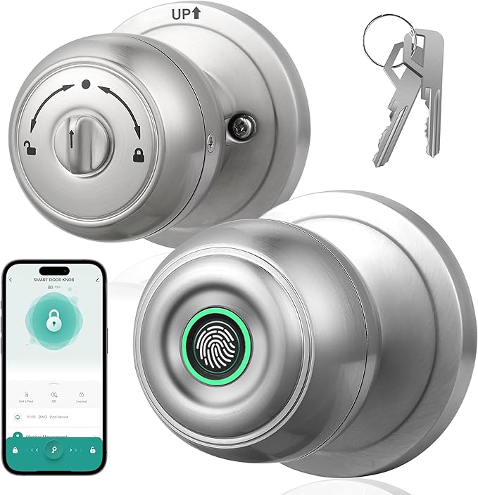 Fingerprint Door Lock, Smart Fingerprint Door Knob with Lock, Biometric Door knob with App Control & Key, Keyless Thumbprint Entry Door Lock for Bedroom, Front Door, Home, Apartment-Burnished Silver