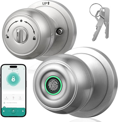 Fingerprint Door Lock, Smart Fingerprint Door Knob with Lock, Biometric Door knob with App Control & Key, Keyless Thumbprint Entry Door Lock for Bedroom, Front Door, Home, Apartment-Burnished Silver