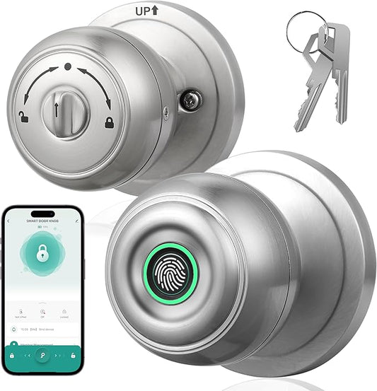 Fingerprint Door Lock, Smart Fingerprint Door Knob with Lock, Biometric Door knob with App Control & Key, Keyless Thumbprint Entry Door Lock for Bedroom, Front Door, Home, Apartment-Burnished Silver