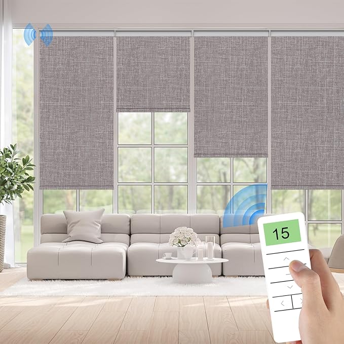 Motorized Blinds with Remote Control, Smart Blackout Automatic Blinds Work with Homekit Alexa Google Home, Rechargeable Electric Window Roller Shades with Valance, Customized Size (Texture Brown)