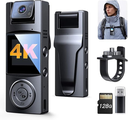 BOBLOV Body Camera with 180°Rotatable Lens, 4K/48MP Small Body Camera, Night Vision Function, Easy to Use and Take for Lecture, Traveling, Pet Walking and Outdoors Activities (4K-128GB)