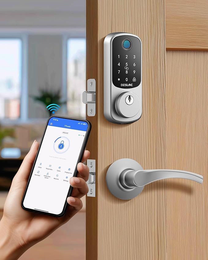 DESLOC B200 Fingerprint Smart Lock with 2 Lever Handles, Keyless Entry Front Door Lock Set, Electronic Keypad Deadbolt, App Control, Auto Lock, Long Battery Life,Silver