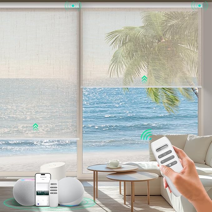 HeyBlinds Motorized Blinds with Remote, Smart Roller Shades with App & Voice Control, Work with Alexa Google HomeKit, Light Filtering Custom Window Shades for Living Room Office (Starry-Latte LF)