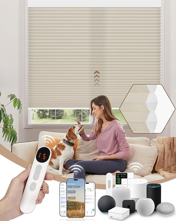 Kincmo Motorized Cellular Shades, Custom Motorized Blinds with Remote, Cordless Smart Electric Honeycomb Blinds Work with Apple HomeKit, Alexa, Google (75%-Blackout-Single-Cell Beige)