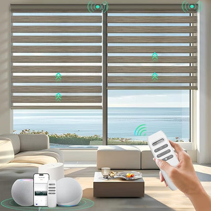 HeyBlinds Motorized Zebra Blinds with Remote, Smart Cordless Electric Zebra Shades for Indoor Windows Compatible with Alexa Google & Homekit, Custom Size (Flourish-Cappuccino BO)