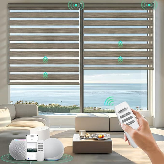 HeyBlinds Motorized Zebra Blinds with Remote, Smart Cordless Electric Zebra Shades for Indoor Windows Compatible with Alexa Google & Homekit, Custom Size (Flourish-Cappuccino BO)