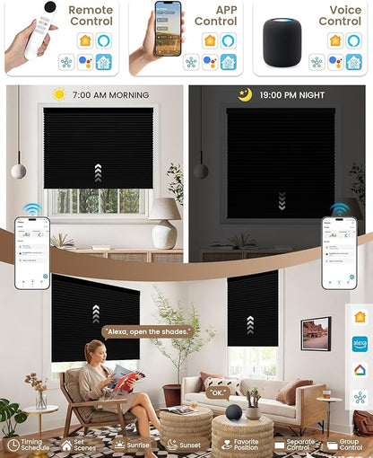 Kincmo Motorized Cellular Shades, Custom Motorized Blinds with Remote, Cordless Smart Electric Honeycomb Blinds Work with Apple HomeKit, Alexa, Google (100%-Blackout-Single-Cell Black)