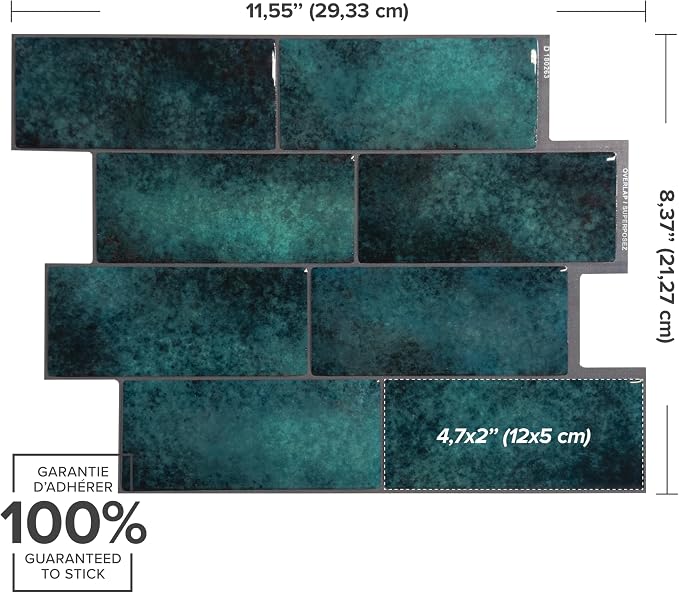 Smart Tiles Peel and Stick backsplash, Subway Teal Green, 11.55"x8.38" | Pack of 5 (2.8 sq ft), Glossy, Heat/Moisture Resistant, Low VOC, Kitchen/Bathroom, Renter Friendly, Made in Canada