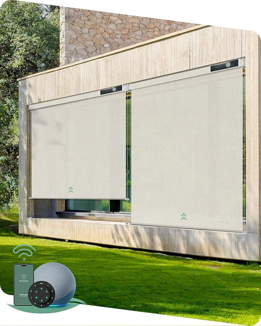 Yoolax Customized Motorized Outdoor Shades, Smart Blinds Compatible with Alexa Google, Remote Control Waterproof Blinds for Patio Porch Windows Outside (3% Openness Beige)