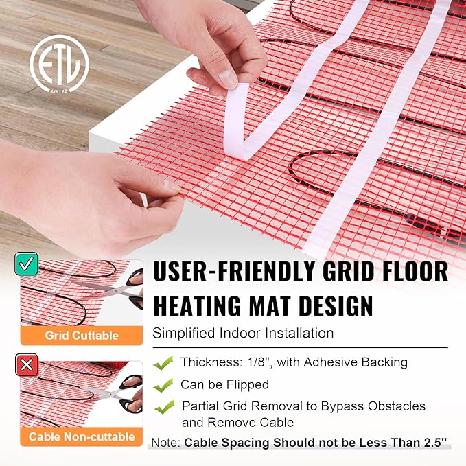 VEVOR Floor Heating Mat, 30 Sq.ft, Electric Radiant in-Floor Heated Warm System with Digital Floor Sensing Thermostat, Includes Installation Monitor, Adhesive Back for Easy Installation on The Floor