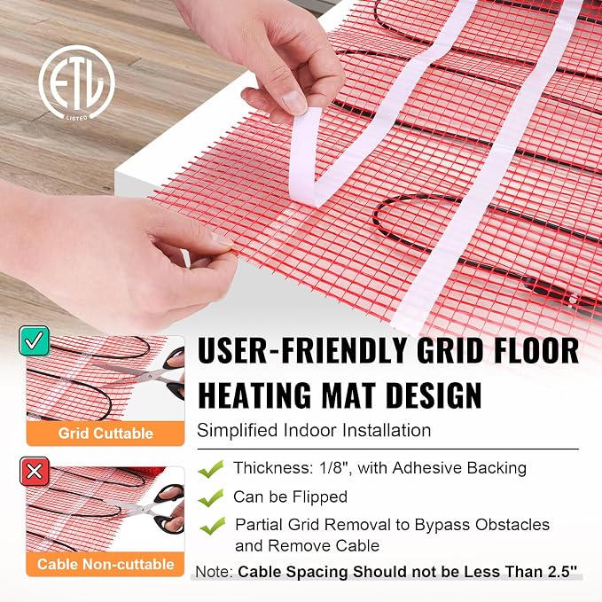 VEVOR Floor Heating Mat,100Sq.ft. 14℉-113℉ Electric Radiant Floor Heated Warm System with Digital Floor Sensing Thermostat, 110-120V Includes Installation Monitor, Adhesive Back for Easy Installation