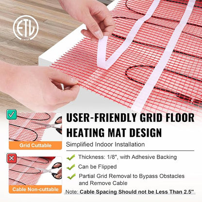 VEVOR Floor Heating Mat,100Sq.ft. 14℉-113℉ Electric Radiant Floor Heated Warm System with Digital Floor Sensing Thermostat, 110-120V Includes Installation Monitor, Adhesive Back for Easy Installation