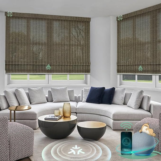 Yoolax Motorized Matter Roman Shades Light Filtering Smart Blinds for Windows Compatible with Alexa, Google Home, Homekit, Automatic Roman Shades with Remote Customized (Strip Brown)