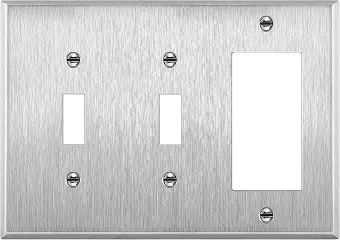 ENERLITES Combination Toggle Light Decorator Switch Metal Wall Plate, Corrosive Resistant, Size 3-Gang 4.50" x 6.38", 430 Gauge Alloy, 771231, Stainless Steel, Silver | Combination two toggle & one decorator, Rust-proof stainless, Standard 3-gang, 3-ye...