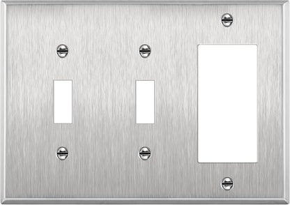 ENERLITES Combination Toggle Light Decorator Switch Metal Wall Plate, Corrosive Resistant, Size 3-Gang 4.50" x 6.38", 430 Gauge Alloy, 771231, Stainless Steel, Silver | Combination two toggle & one decorator, Rust-proof stainless, Standard 3-gang, 3-ye...