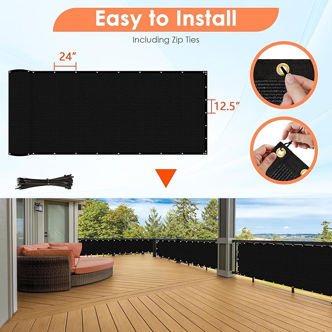 iCover 4x12ft Privacy Screen Fence, Outdoor Fencing Panels, Garden Windscreen Mesh Shade Sail Net Barrier, Fence Privacy Screen Reinforced Bindings and Brass Grommets Cable Zip Ties, Black