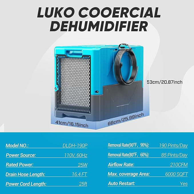 190PPD Commercial Dehumidifier with Pump for Basement-6000Sq.Ft. Warehouse, Large Space Crawl Space Dehumidifier for Efficient Water Damage Restoration-Auto Defrost, Memory Starting, 2026-Blue