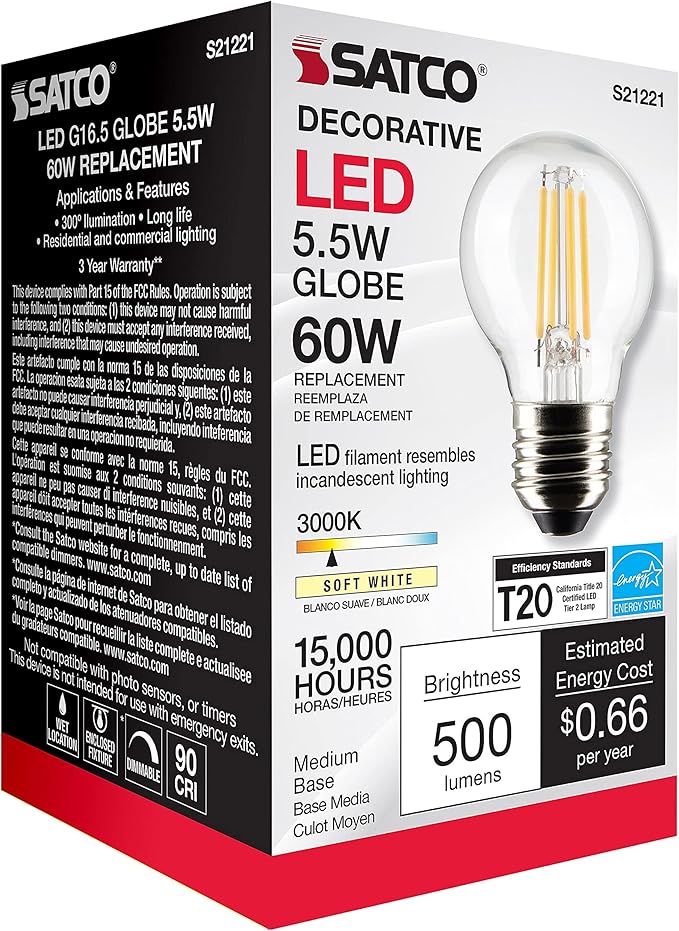 Satco 21221-5.5G16.5/LED/CL/930/120V/E26 G16 Globe LED Light Bulb