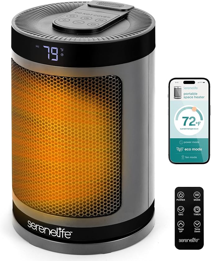 SereneLife Smart Space Heater – 1500W Indoor Electric Heater with Thermostat, Remote Control, 12-Hour Timer, Wi-Fi Enabled PTC Ceramic Heating for Home and Office, Gray (5.9" x 5.9" x 9.5")