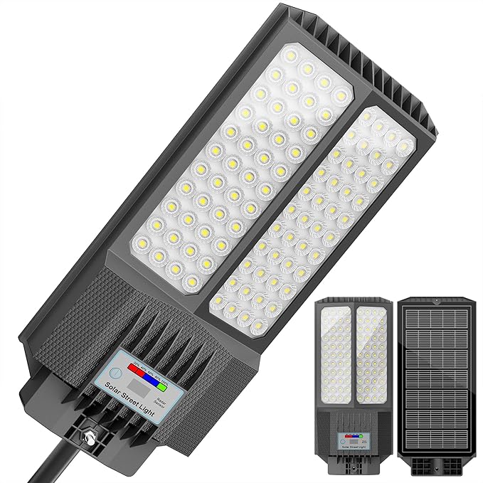 Solar Street Light with Pole, Solar Street Lights Outdoor Waterproof Dusk to Dawn 7000K LED Security Flood Light with Motion Sensor and Remote Control for Pathway, Entryway & Yard