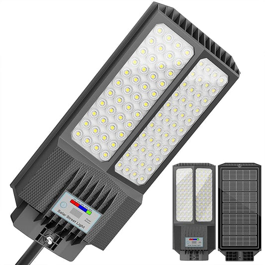Solar Street Light with Pole, Solar Street Lights Outdoor Waterproof Dusk to Dawn 7000K LED Security Flood Light with Motion Sensor and Remote Control for Pathway, Entryway & Yard