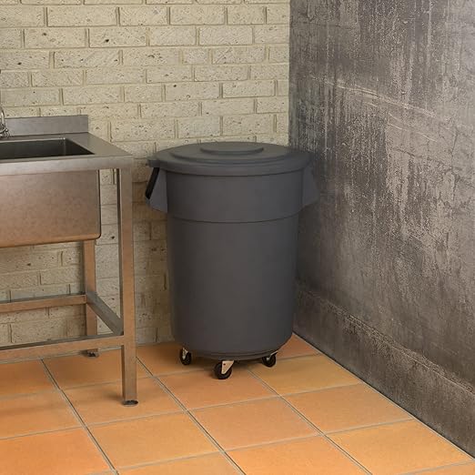 55 Gallon Gray Round Commercial Trash Can with Lid and Dolly, Heavy-Duty Food Grade NSF Certified, Perfect for Restaurant, Office, School, Garage, Backyard, Workshop, Warehouse