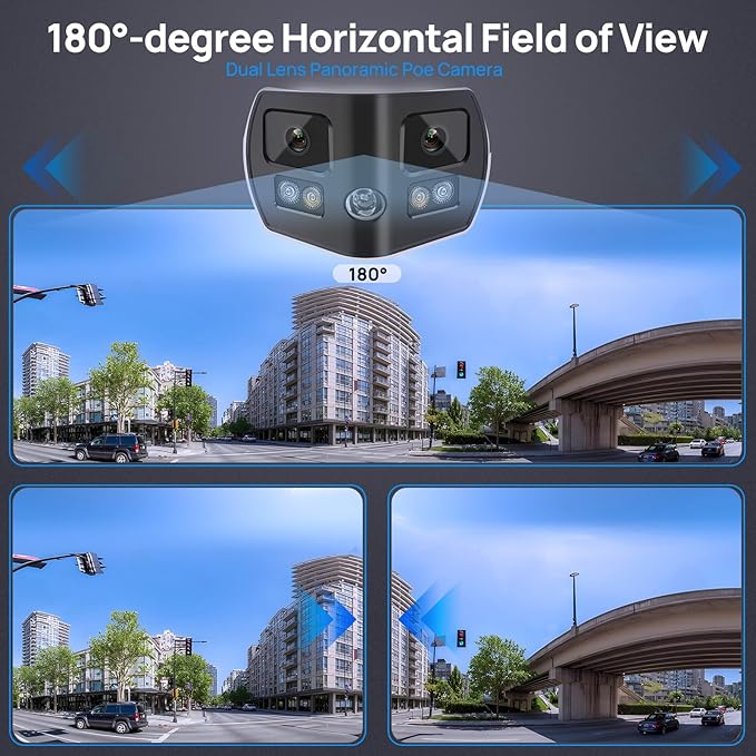 4K 8MP Dual Lens Security Camera Outdoor with 180° Panoramic Wide Angle, Human/Vehicle Detection, Full Color/EXIR 2.0 Night Vision, POE IP Camera with 2-Way Audio, SD Slot(up to 512G),IP67,B LUE Iris