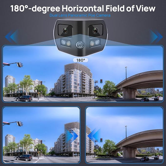 4K 8MP Dual Lens Security Camera Outdoor with 180° Panoramic Wide Angle, Human/Vehicle Detection, Full Color/EXIR 2.0 Night Vision, POE IP Camera with 2-Way Audio, SD Slot(up to 512G),IP67,B LUE Iris