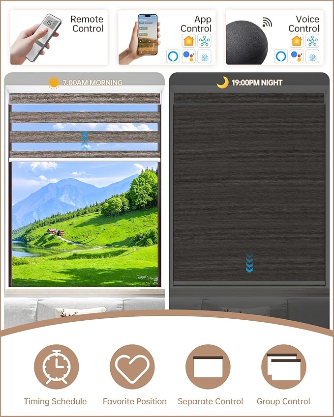 Kincmo Motorized Blinds with Remote, Motorized Zebra Shades Work with Apple Homekit,Alexa,Google Home, Customized Electric Blinds with Remote,App,Voice Control (60% Blackout Monet Brown)