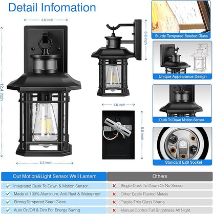 Outdoor Light Fixture With Motion Sensor, Dusk To Dawn Modern Exterior Porch Lights Wall Mount, Anti-rust 100% Aluminum Outdoor Wall Lantern, Black Farmhouse outdoor wall light For Garage Backyard