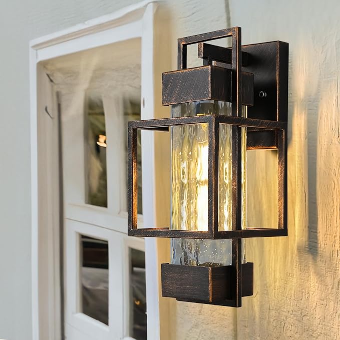 PARTPHONER Modern Outdoor Light Fixture Dusk to Dawn Outdoor Lighting, 15" H Exterior Wall Sconce Waterproof Porch Light, Outside Light for House with Water Glass for Garage Doorway Black Brushed Gold