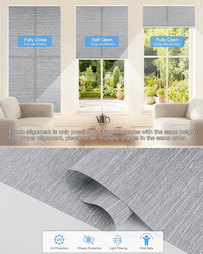 Motorized Roman Shades for Windows, Custom Light Filtering Roman Blinds with Remote, Smart Privacy Window Shades for Living Room Kitchen Office, Alexa & Google Home Compatible, App Control via RF Hub