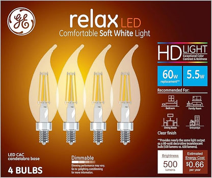 GE Lighting Relax HD LED E12 Chandelier Bent Tip Light Bulb, 60-Watt Equivalent, Clear Finish, Soft White, Dimmable, 4-Pack