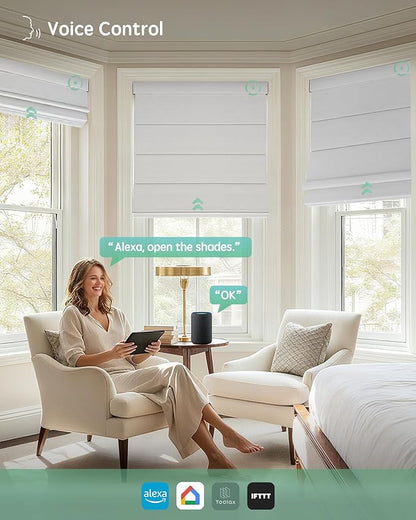Yoolax Motorized Roman Shades with Remote, Smart Roman Shades for Indoor Windows, Blackout Automatic Blinds Work with Alexa, Google, Apple Homekit for Living Room Bedroom, Customized (Texture White)