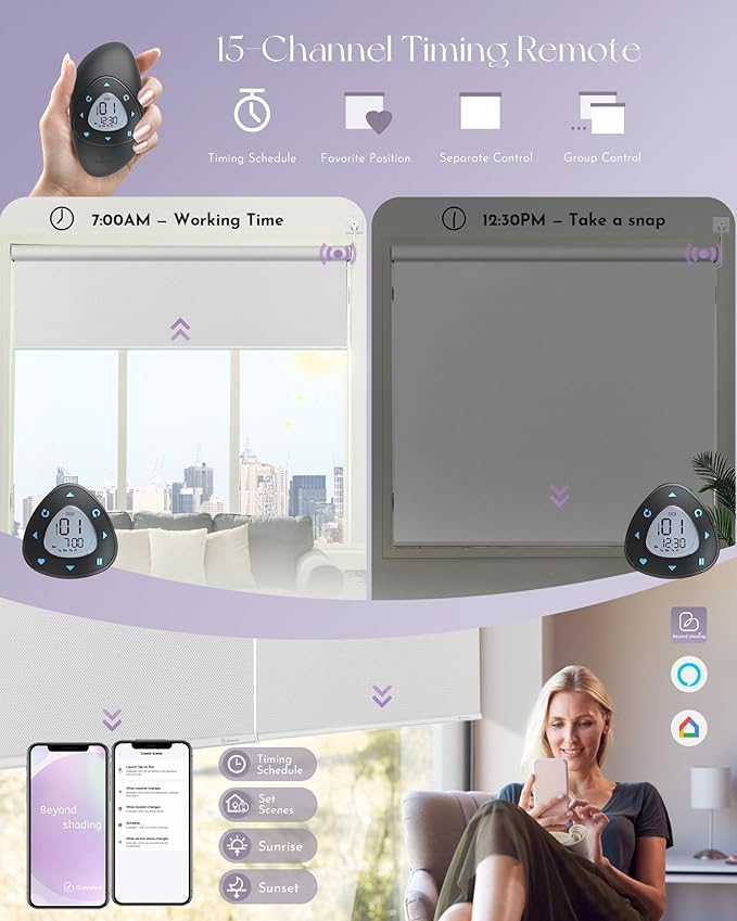 Graywind Motorized Shades 100% Blackout Work with Alexa Google WiFi Hardwired Smart Roller Shade Remote Control Automated Window Blinds with Valance, Customized Size (Bright White)