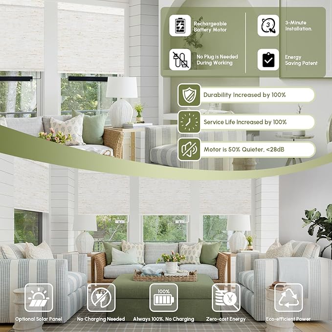 FineTell Motorized Blinds with Remote, 100% Blackout Roller Shades Compatible with Alexa,Apple Homekit,Google Home APP and Voice Control, Customized Electric Blinds (100% Blackout Linen White)