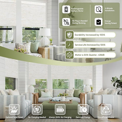 FineTell Motorized Blinds with Remote, 100% Blackout Roller Shades Compatible with Alexa,Apple Homekit,Google Home APP and Voice Control, Customized Electric Blinds (100% Blackout Linen White)