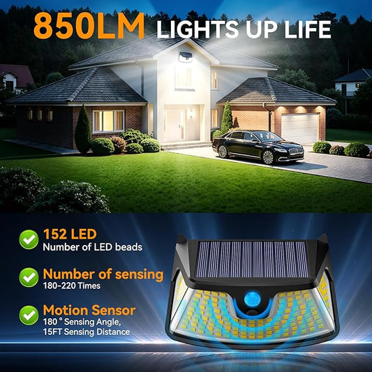 152LED Solar Motion Light Outdoor, 850LM Super Bright 3-Mode Motion Sensor Lights, Outdoor IP65 Waterproof 270° Wide Security Light, Solar Powered Flood Lamp for Garden Wall Fence Garage（6 Pack）