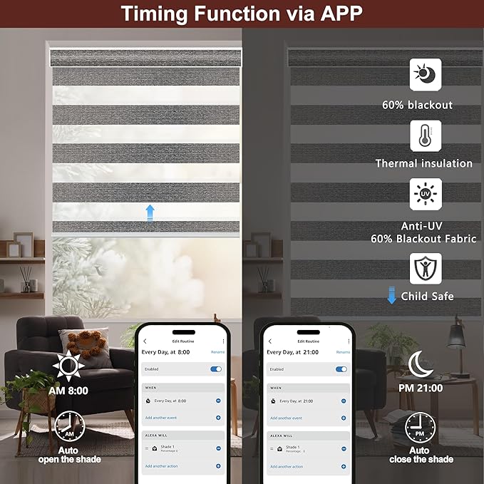Bringnox Smart Motorized Zebra Roller Blinds - 85% Blackout, Remote Control, Works with HomeKit, Google Home & Alexa via Hub, Custom Size(85% Blackout Wave Black-37)