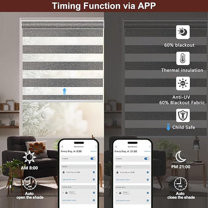 Bringnox Smart Motorized Zebra Roller Blinds - 85% Blackout, Remote Control, Works with HomeKit, Google Home & Alexa via Hub, Custom Size(85% Blackout Wave Black-37)