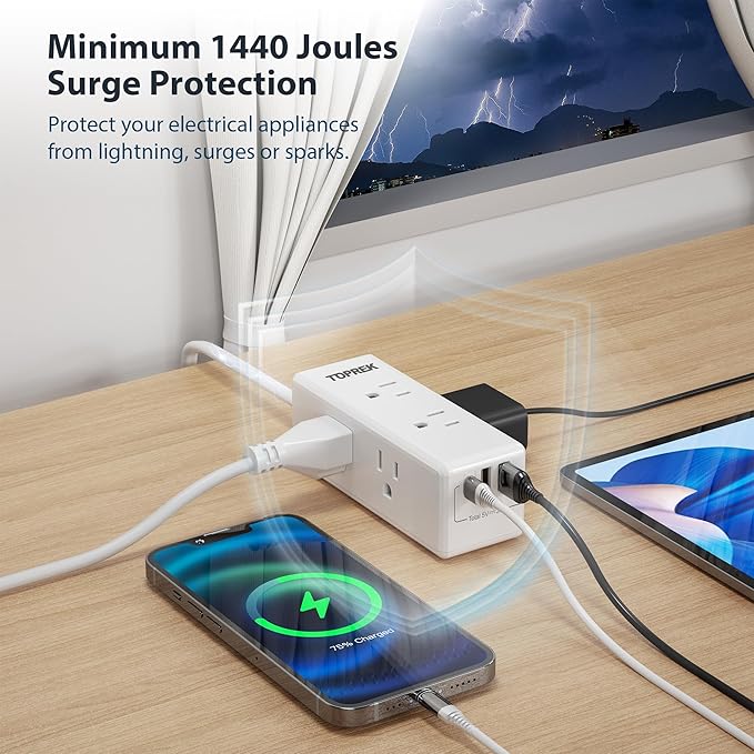 2 Prong Power Strip, TOPREK 2 Prong to 3 Prong Outlet Adapter, 1440J 2 Prong Surge Protector with 6 Outlets & 3 USB, 5FT 2 Prong Extension Cord with Swiveling Flat Plug, Ideal for Non-Grounded Outlet