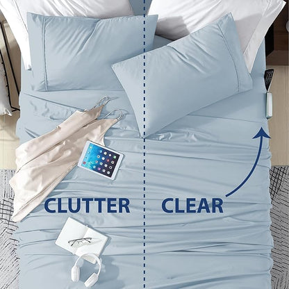 Swift Home Smart Sheets, Ultra Soft Brushed Microfiber 3-Piece Sheet Set, Fitted Bed Sheet with Side Storage Pockets – Blue Fog, Twin XL