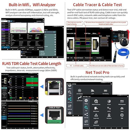 Rsrteng CCTV Tester 8K 32MP 12MP IP Camera Test POE++ Max 90W POE Camera Tester 4K 8MP TVI/CVI/AHD/SDI/CVBS WiFi Network Tools Cable Test Distance Meter 2CH SFP Port HD VGA DC Power Output