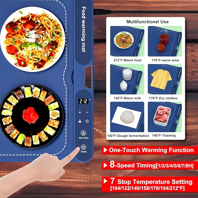 Electric Warming Tray&Food Warming MatFast Full Surface Electric Warming Tray with 7 Temp-Settings & 8H Timer, Portable Roll Up Food Warmer for Gatherings Parties Buffet-Oversized (Blue, 32''X15'')