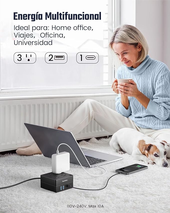 Power Strip, SUPERDANNY 4-Outlet 4-USB Surge Protector, 5 Ft Extension Cord, 900 Joules, Overload Switch, Grounded, Mountable, Desktop Charging Station for Home, Office, School, Dorm, Computer, Black